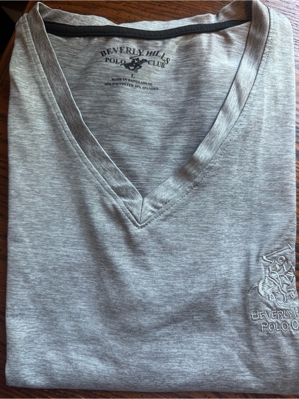 Beverly Hills Polo Club Gray V-Neck Short Sleeve Knit T-Shirt L Embroidered